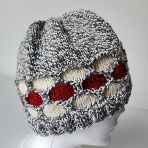 Handmade Knit Wool Beanie Hat  Adult One Size Diamond Pattern Winter Nordic